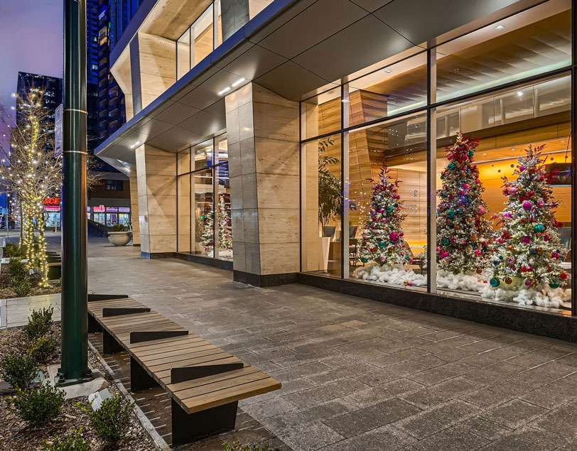 Exterior view of 1144 Fifteenth Street during Christmas